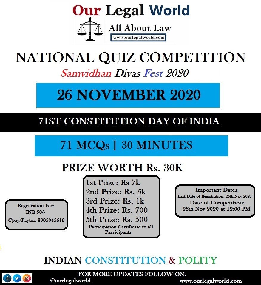National Quiz Competition by Our Legal World on Constitution Day [Prize Worth 30k] Register by 25th Nov